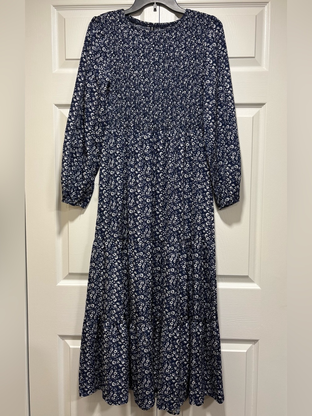 Navy Floral Smocked Midi Dress Long Sleeve Cottagecore Boho Size S